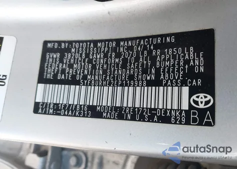 2014 Toyota Corolla Le из США, поврежденный, VIN 5YFBURHE2EP119988